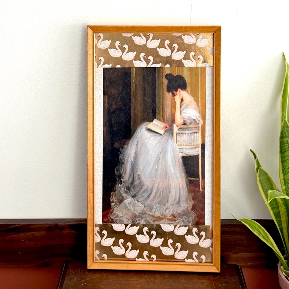 Victorian Woman Reading a Book Vintage Style Swan Canvas Art Print Wood Framed